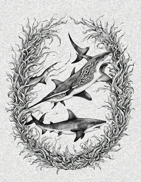 tattoo design, 2 sharks framed by intertwined seaweed, smooth lines. complex weave, high detail, super sharpness