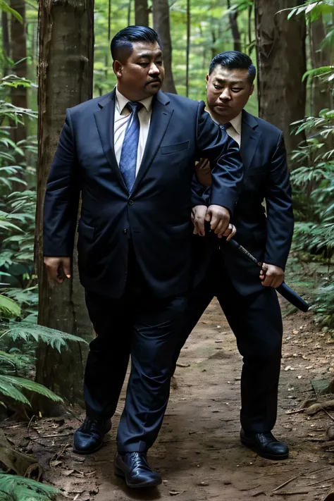 Two people wearing black ties, Fat Chinese mature middle-aged man fights with security guard with knife in forest