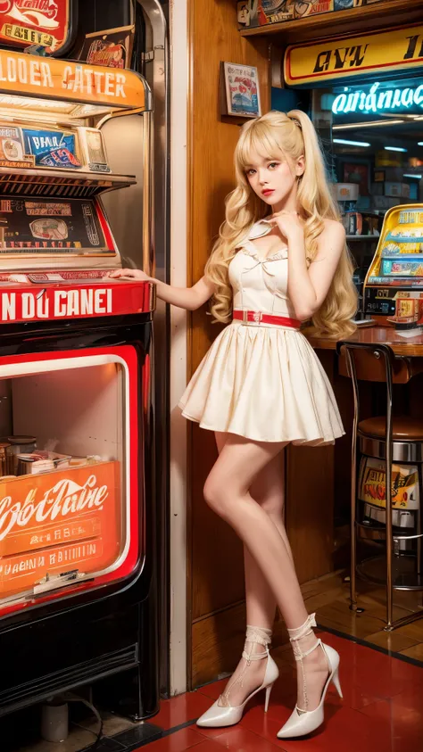 high-level image quality、ultra-detailliert、a blonde girl、Cozy old-fashioned retro-futuristic candy and soda parlor、analog style、Vintage effect、Retro、pop-art、poster for, two-meter shooting distance, tiny chest, standing