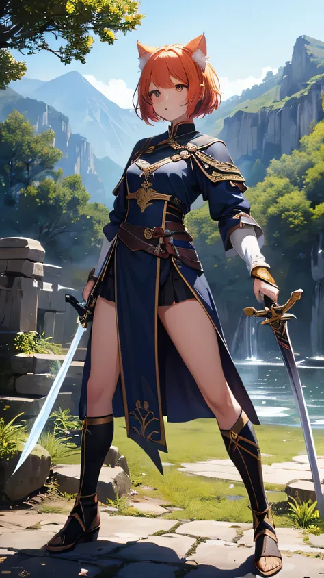 A girl looking at from a distance, beautiful details한 소녀, clear and beautiful, glowing skin, female, female, young, 20 years old, Short hair, Short hair, ((Wielding a big sword, battle stance)) ((Greek costumes, )) beautiful details, cold face, cold expres...