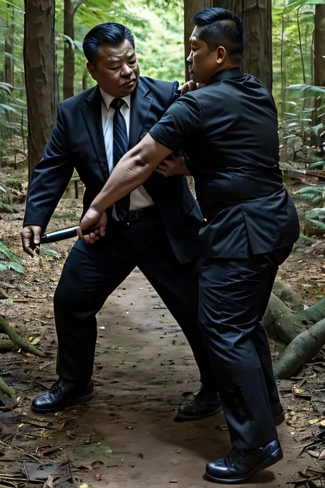 Two people wearing black ties, Fat Chinese mature middle-aged man fights with security guard with knife in forest