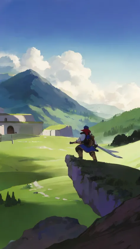 Cartoon style picture of a woman holding a sword on a cliff, game art, detailed game art, RPG landscape, official art, Epic RPG Portrait, fantasy game art style, 科里奥利角色扮演game art风格, mobile game art, game art, concept art for a video game, Inspired by Sylva...