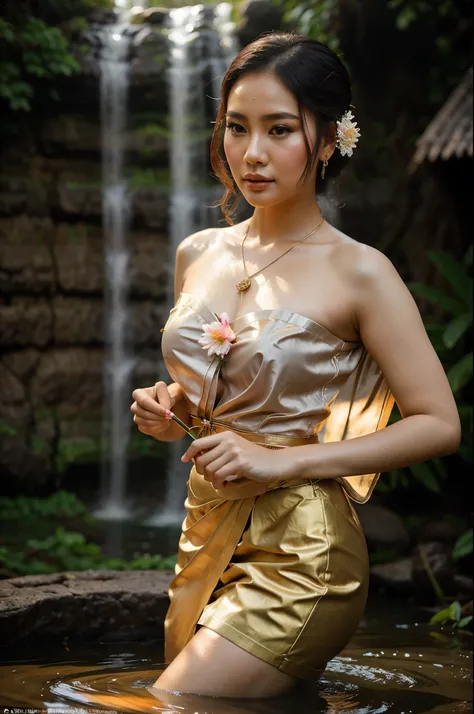 In this captivating scene, picture a 30-year-old Thai woman with a fair complexion and exquisite beauty. She is adorned in a sultry Thai outfit that tastefully accentuates her allure, confidently showcasing her well-proportioned figure. The traditional att...