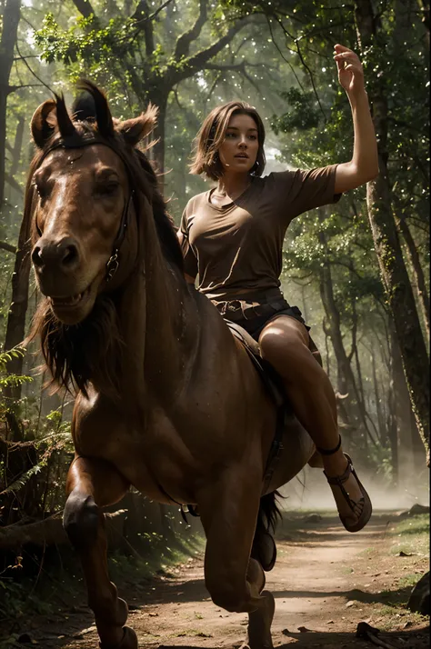 A woman with brown hair runs through an ancient misty forest from a dinosaur