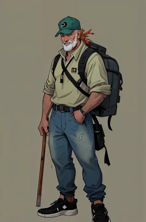 (masterpiece，top quality，best quality)  bold outline style，a man，hero，A middle-aged street businessman，weathered，Clear facial features，Perfect facial structure，Carrying a large backpack，large outdoor backpack，The backpack contains all kinds of weird things...