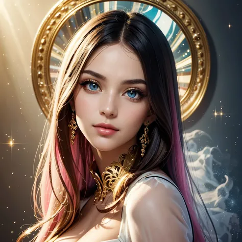 Angelique Marchioness of gold angels, beautiful eyes, lush eyelashes in front of eyes, on the face of a light smile, in the style of the artist Razumov, synth punk, frontal camera, baroque style,
girl with hair all different colors of the finest shiny orga...