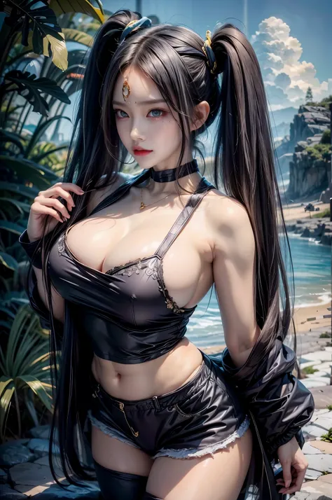 realistic, 1 women, best quality, 12k, HD, long hair, big round breasts, cleavage, ponytail, necklace, jewelry, shorts, short jacket, slim hips, hair tie, yellow eyes, black hair, super detailed, Eye details, hair details, person details, mouth details, fa...