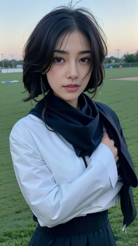 8k, best quality, masterpiece, actual, Super detailed, photo actual, Quality improvement, Photo of a girl wearing a scarf standing in a field, Dark brooding designer style, many qualities, Photo display, calm face, ((脸部close up))，jagged edges, navy, natura...