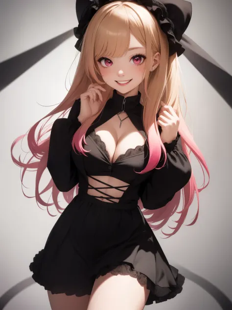 muste piece, 1 female, (((solo))), top quality, high resolution, In 4K, There is a cleavage in the chest, ((Pink goth loli clothes)), medium chest, red eyes, blonde ,  珰, smile