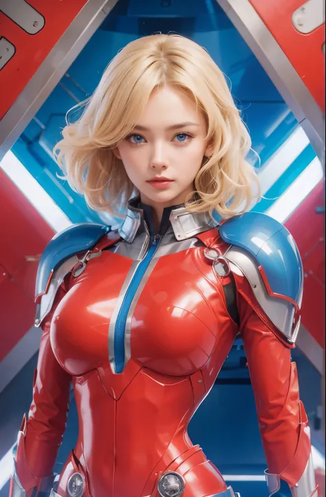 A beautiful woman looks at the camera with a tense expression. Blonde hair and blue eyes. eighteen. She wears a red metallic battle uniform. There is something on his waist that is reminiscent of Kamen Riders transformation belt. She is standing inside the...