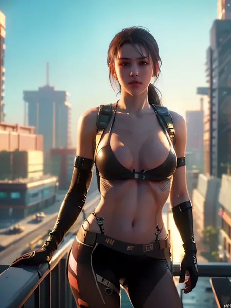 masterpiece, best quality, ultra detailed, 8k, raw photo, photorealistic, rim lighting, (contrapposto:1.5), shoot from front, (head shot:1.5), young cute girl, medium breasts, residential area in cyberpunk city