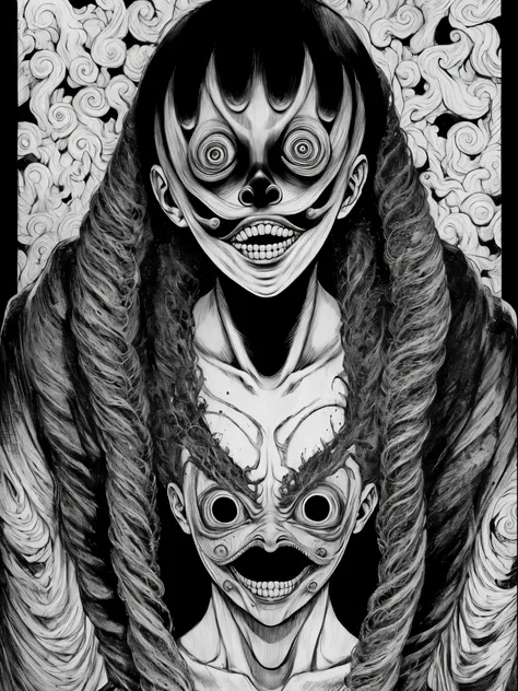 (Junji Ito:1.5), detailed black and white manga line art illustration of grotesque creepy girl, ((cowboy shot)), fractal art, scared, horrified, terrified, insane, creepy, unsettling, disturbing, body horror, (horror manga style), twisted, warped, psycholo...