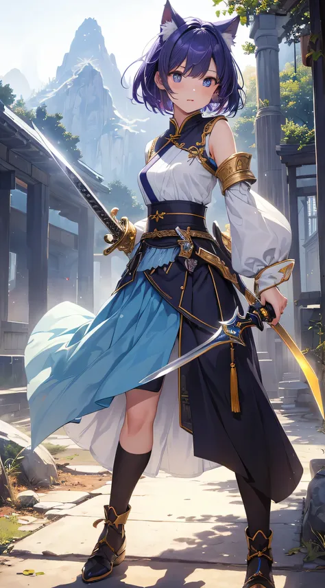 A girl looking at from a distance, beautiful details한 소녀, clear and beautiful, glowing skin, female, female, young, 20 years old, Short hair, Short hair, ((Wielding a big sword, battle stance)) ((Chinese costumes, )) beautiful details, cold face, cold expr...