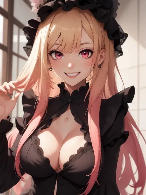 muste piece, 1 female, (((solo))), top quality, high resolution, In 4K, There is a cleavage in the chest, ((Pink goth loli clothes)), medium chest, red eyes, blonde ,  珰, smile