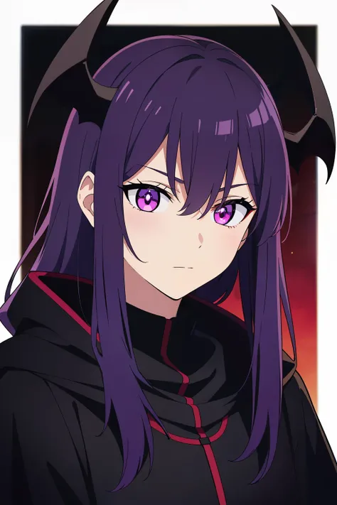 (high-quality, breathtaking),(expressive eyes, perfect face) 1male, male, solo, medium length hair, multi colored hair, black and purple hair color, unkept hair, pink eyes, demon horns, bat wings, demon child, black cloak, red shirt, fantasy mage clothing,...