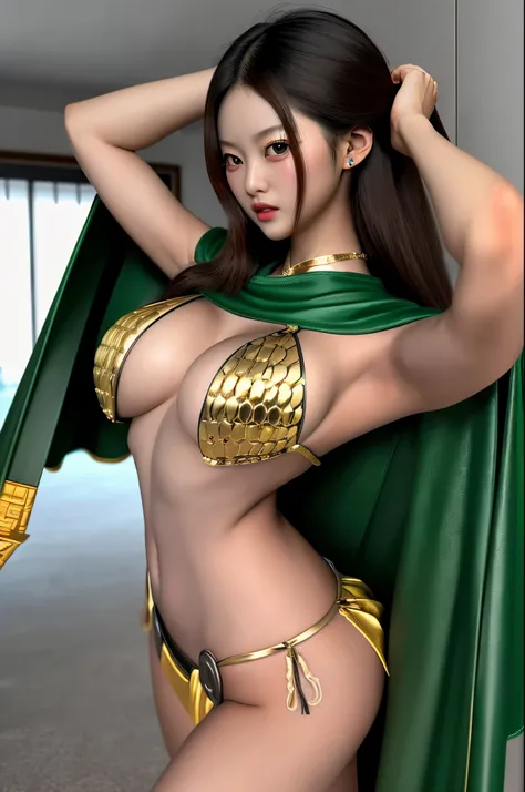 (ultra-realistic:1.5), 4k, high quality, high contrast image, a beautiful female concubine is being tormented, Chinese model, 18 year old, beautiful pose that shows armpit, oversized green cape, seductive face, wearing a golden body-fitted metal bikini arm...