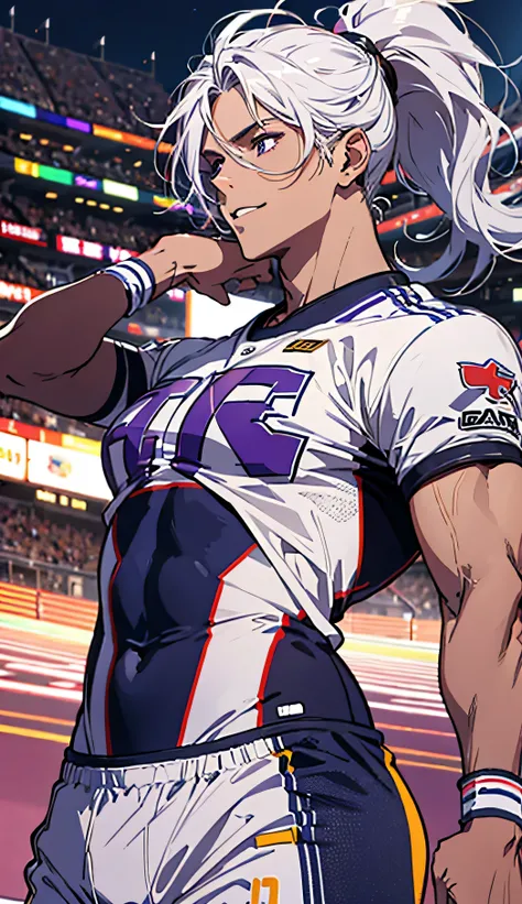 White hair with brown streaks, long fluffy hair, ponytail, sunkissed tan skin, purple lilac eyes, soft expressive eyes, big smile, abs, veins on arms and hands, A handsome man, curlies, American footbal playerfootball uniform, A football field, big pectora...