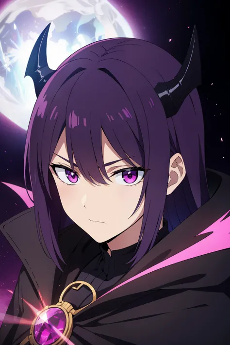 (high-quality, breathtaking),(expressive eyes, perfect face) 1male, male, solo, medium length hair, multi colored hair, black and purple hair color, unkept hair, pink eyes, demon horns, bat wings, demon child, black cloak, red shirt, fantasy mage clothing,...