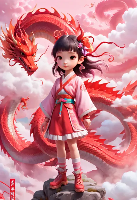 Yu Dong&#39;s《Red Dragon》Presenting an ethereal cloud style, cute girls, tame long, Color cartoons, realistic details, light pink, Vibrant illustrations, chinapunk, and harmonious balance