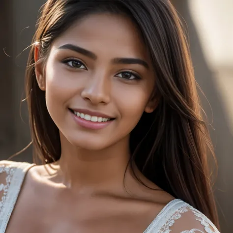 Beautiful mexican woman, 18 years old, portrait photo, close-up of face, smiling seductively, (skin texture:1.1), (high detail face:1.1),high detail body, high detail clothes, (masterpiece), (realistic), ultra high definition, 4k, ultra high resolution, fi...