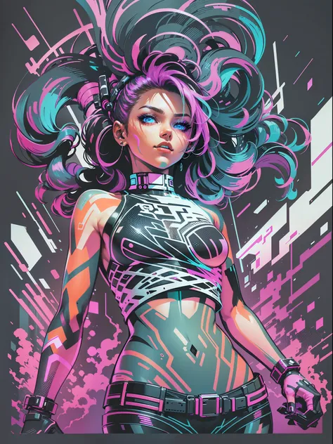 graphic design t-shirt, flat design, futuristic cyberpunk girl in mix of tones, topless,, sexy body, topless, flashing , big , metal skin, metal nipples, laser beams, purple emissive eyes, colorful tones, clean highly detailed, vector image, smoke explosio...