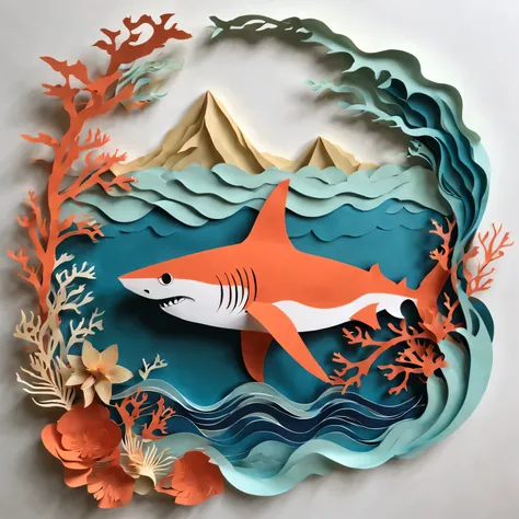 best quality，Super fine，lifelike，sharp focus，main，Paper-cut art，Paper cutting skills，Beautiful paper crafts，Beautiful paper art design，paper fish，paper shark，Bold and intricate paper cuts，醒目而lifelike的鲨鱼形状，Meticulous attention to detail，Detailed paper textu...