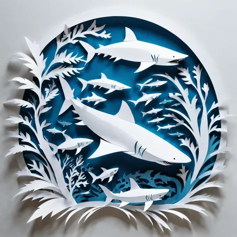 best quality,high resolution,Super detailed,actual,sharp focus,professional,Paper-cut art,Paper cutting technology,exquisite paper crafts,Beautiful paper art design,paper fish,paper shark,Bold and intricate paper cuts,Eye-catching and lifelike shark shapes...