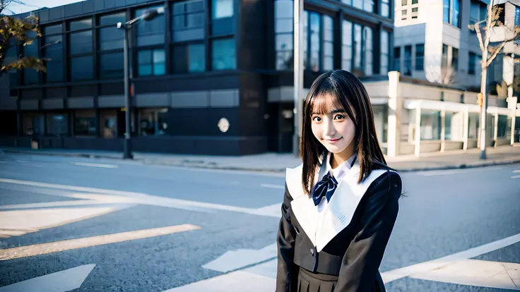 Kawaii High School Girl, 18-year-old, Wearing a black miniskirt uniform,winter