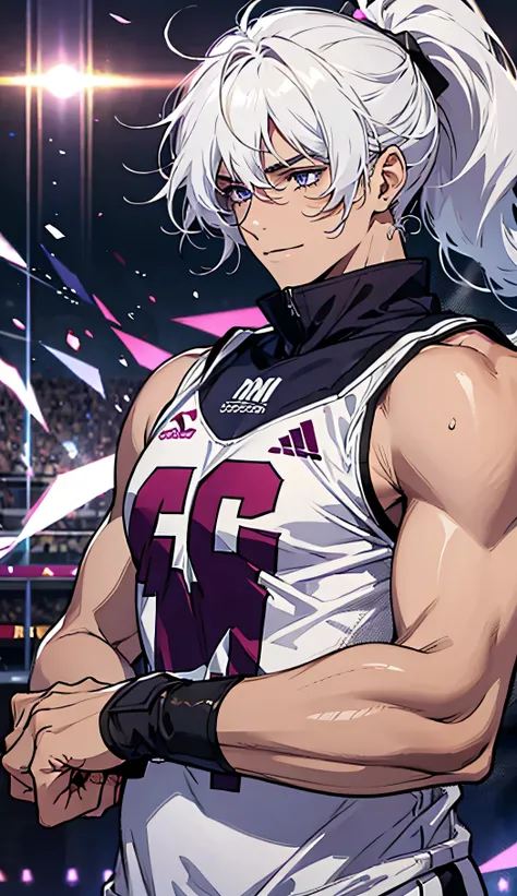 White hair with brown streaks, long fluffy hair, messy bangs, ponytail, Sunkissed tan skin, purple lilac eyes, soft expressive eyes, big smile, veins on arms and hands, sweaty skin, a handsome man, slim figure, football player, football uniform, A football...