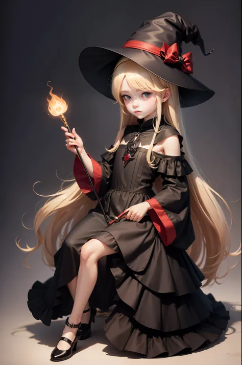 Full body shot from hat to shoes、Cute witch with blonde hair about 10 years old、Black hat、Black short dress with beautiful thick red band、He holds a beautiful magic wand in his right hand。The background is all white.