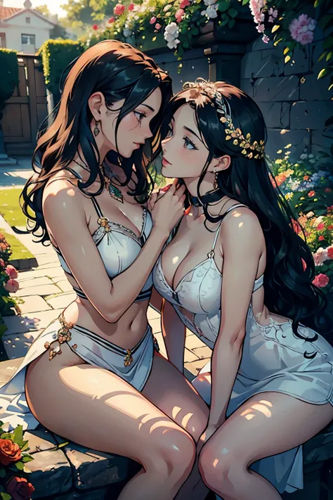 top-quality masterpiece, Lesbian couples, Women wearing matching outfits, Flirting and gazing into each others eyes:1.5, Long curly hair, Soft and feminine features, Precious jewels accessorizing, Intimate conversation:1.3, Fruitful garden backdrop, Warm s...