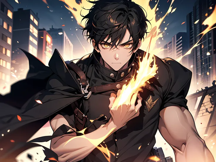 (1 boy) black short hair, yellow eyes, wearing white shirt, his hand is covered with steel, this character has red glowing aura on his eyes, demon lord aura, colorful glowing aura in the air, the background is on destroyed city with powerfull aura