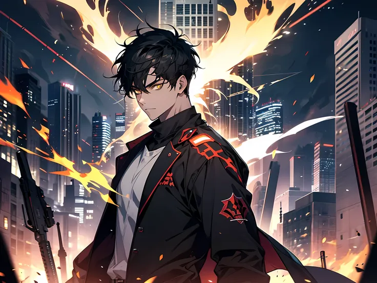 (1 boy) black short hair, yellow eyes, wearing white shirt, his hand is covered with steel, this character has red glowing aura on his eyes, demon lord aura, colorful glowing aura in the air, the background is on destroyed city with powerfull aura