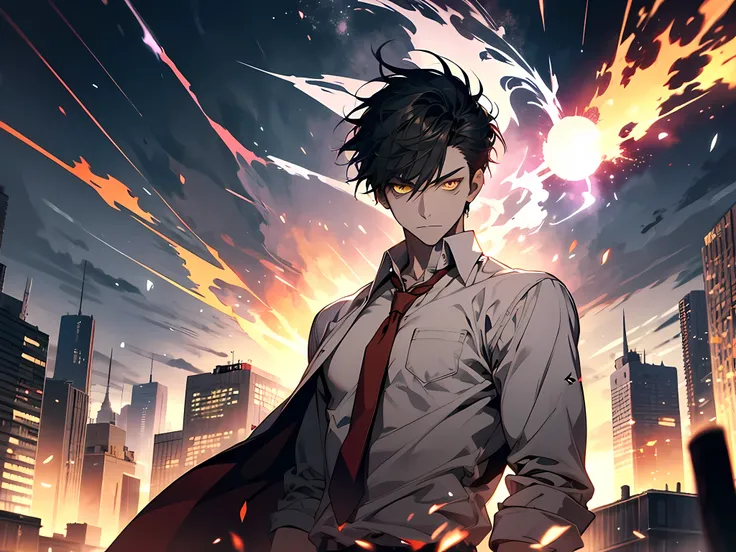 (1 boy) black short hair, yellow eyes, wearing white shirt, his hand is covered with steel, this character has red glowing aura on his eyes, demon lord aura, colorful glowing aura in the air, the background is on destroyed city with powerful aura and a met...