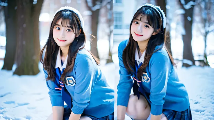 cute high school girl, 18-year-old, Wearing a light blue miniskirt uniform,winter