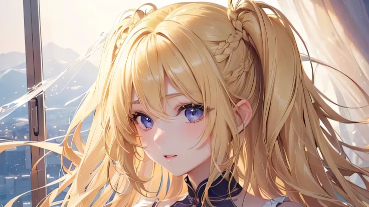 1 girl,Depps Sense,confused,catch light,Super beautiful illustration,(beautiful blonde,Double-sided up hairstyles:1.6),landscape,turn around,;d,beautiful and delicate flowing hair,delicate and detailed purple eyes