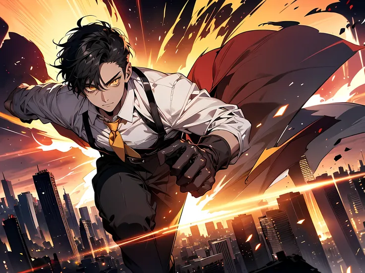 (1 boy) black short hair, yellow eyes, wearing white shirt, his hand is wearing shiny iron gloves, this character has red glowing aura on his eyes, demon lord aura, colorful glowing aura in the air, the background is on destroyed city with explosion and a ...