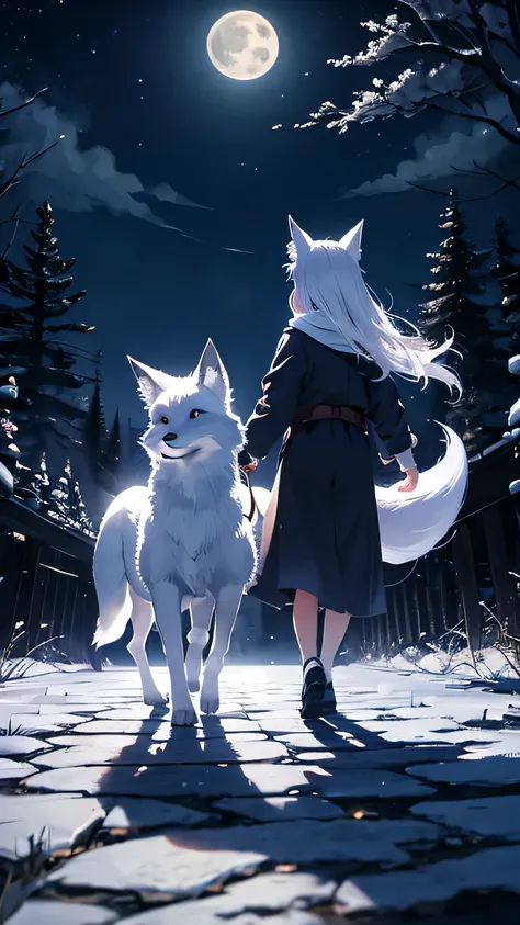 Under the moonlight，white，fox，Walk