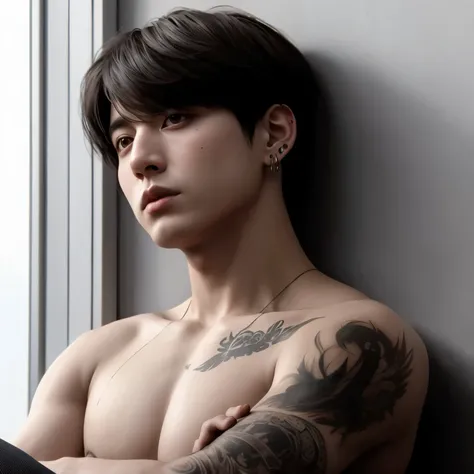 Um close de uma homem com cabelo preto e um colar, cruel orean goth boy, Corte de cabelo preto Hime, cabello blackbangs cabello, goth boy aesthetic, Ele tem cabelo preto com franja, Jeon Jungkook, detalhado, 1 Goth Anime Boy, Sui Ishida com cabelo preto, 🤤...