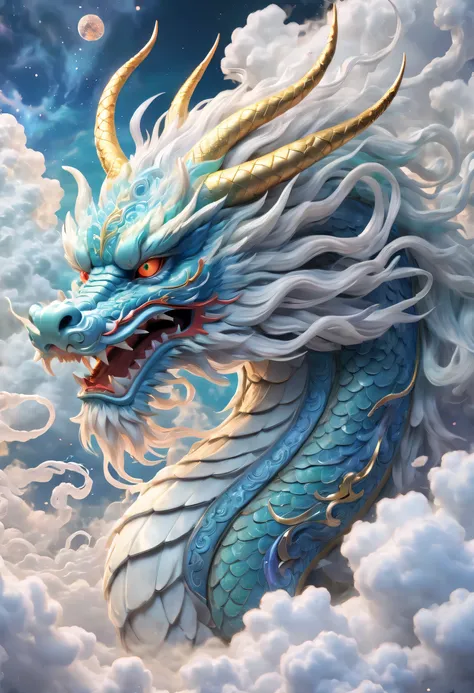 chinese dragon in the clouds, translucent texture, furry art, the dragon&#39;s head faces forward, cosmic art, swirl, anime aest...