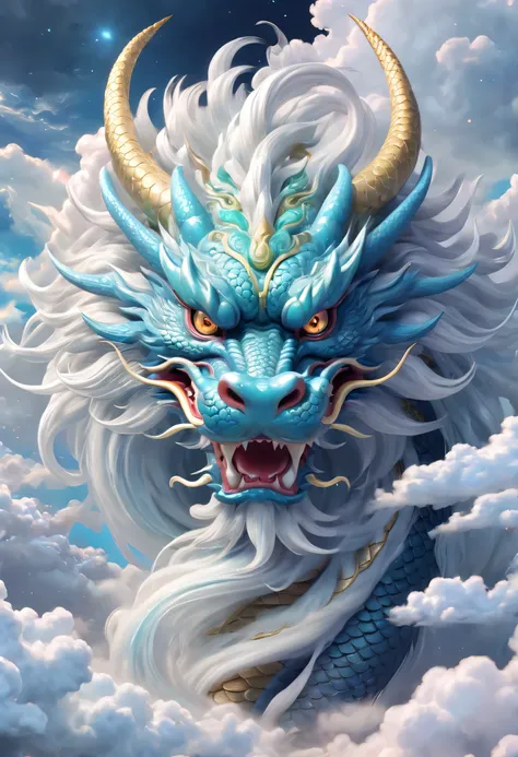 chinese dragon in the clouds, translucent texture, furry art, the dragon&#39;s head faces forward, cosmic art, swirl, anime aest...