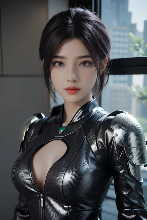 Game art，The best picture quality，Highest resolution，8K，((A bust photograph))，((Portrait))，(Rule of thirds)，Unreal Engine 5 rendering works， (The Girl of the Future)，(Female Warrior)，22岁少女，(Purple hair，Short hair casual)，(Future-style military wear，A beaut...