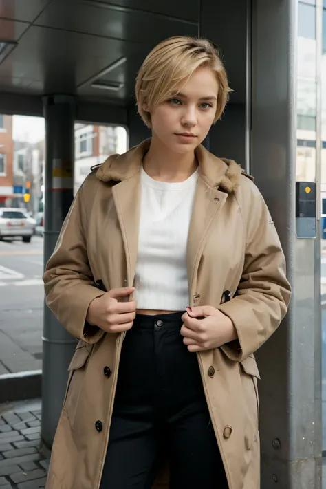 self confident young woman with short blond hair with coat is desperate waiting for bus
