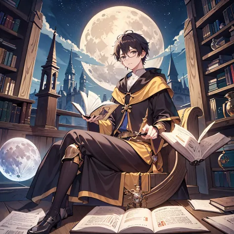 Highly detailed CG Unity 8K wallpaper, incredibly absurd, super detailed, best illustrations, male, middle ages, the magician has a book, Brown, short hair, wear glasses, ((moon)), anime style, masterpiece, highest quality