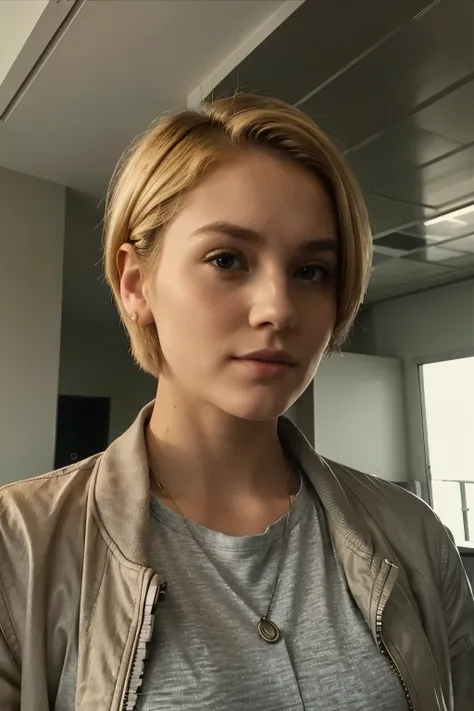 self confident young woman with short blond hair with jacket is looking down on you in a bossy style