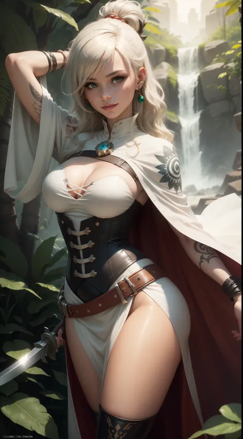 gwen tennyson,yorha 2b,tracer,claire farron,1girl,overwatch,atelier ryza,close up,jungle ruins view,tattoos,orange and white plugsuit,white short sleeve tribal tunic,short sleeve mayan armor,long tribal skirt,harness corset,long curly hair,tribal makeup,gr...