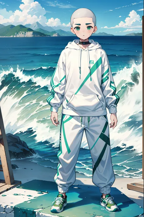 a boy,mountain and sea wave combined，Masculine male，Thick eyebrows，Buzz cut，frontage，Standing painting，full bodyesbian，Full body standing painting，white Hoodies，sweat pants，The clothing is printed with auspicious patterns of continuous green mountains and ...