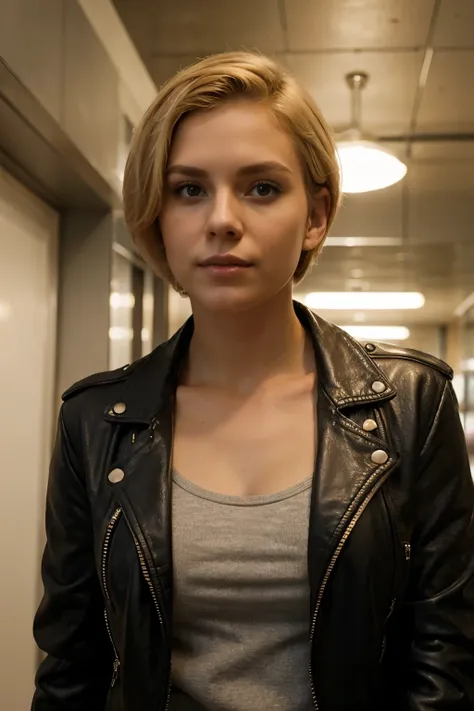 self confident young woman with short blond hair and leather jacket is looking down on you in a bossy style