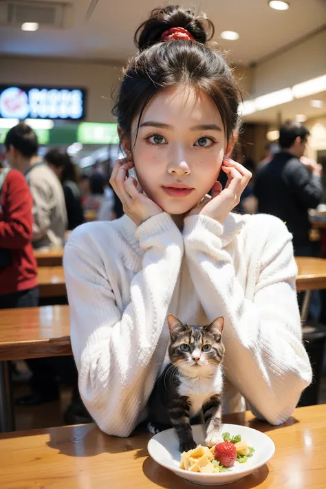 ((best quality)), ((masterpiece)), (detailed), Background in food court，Female upper body，Naturally shy face，The mouth is singing，long sleeve work，Hair tied up，medium shot，blur background ，There is a cute cat next to you