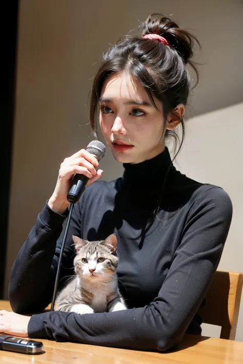 ((best quality)), ((masterpiece)), (detailed), Background in commercial square，Female upper body，Naturally shy face，Talking with a microphone in hand，long sleeve work，Hair tied up，There is a cute cat next to you